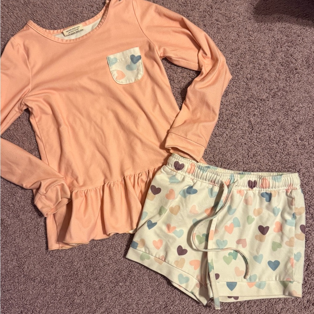 Source Unknown Peach Long-Sleeve Top & Pastel Heart Shorts Pajama Set